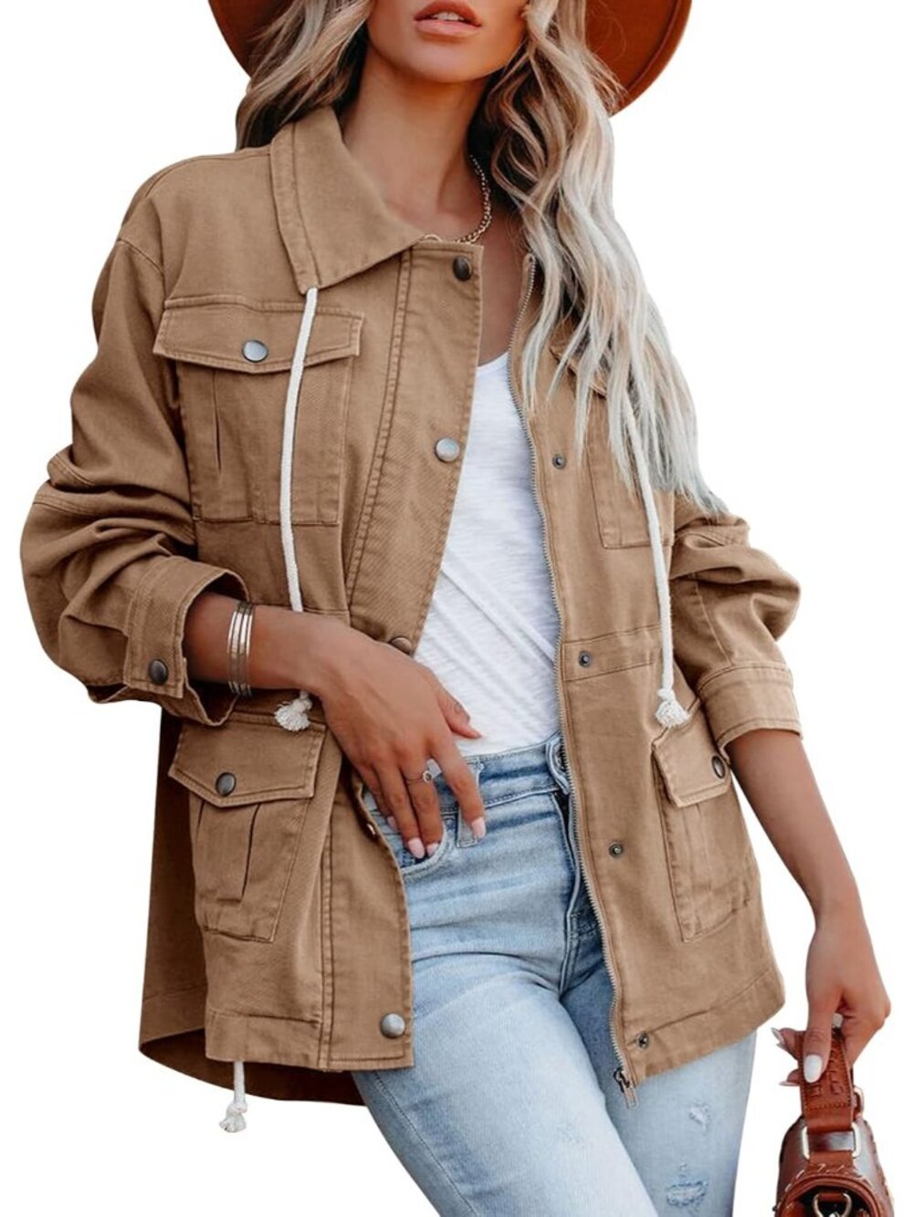 〽️Women's Khaki Cotton Military Anorak Zip Up Safari Utility Lightweight Coat